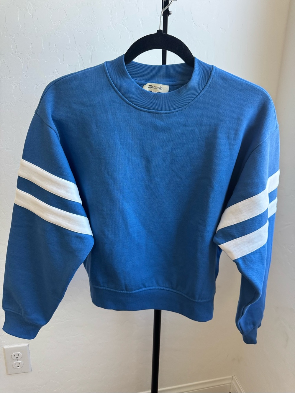 Madewell Blue Crewneck Sweatshirt with White Sleeve Stripes